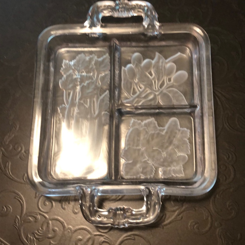 1940's Vintage Art Deco Glass Serving Tray Dish Platter Intaglio Clear Frosted